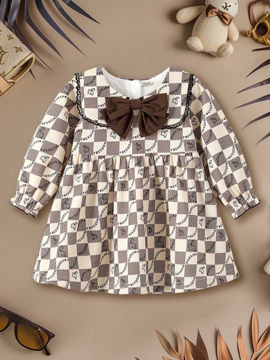 

INCLUD Girls Checked Peter Pan Collar Puff Sleeve A-Line Dress, Brown