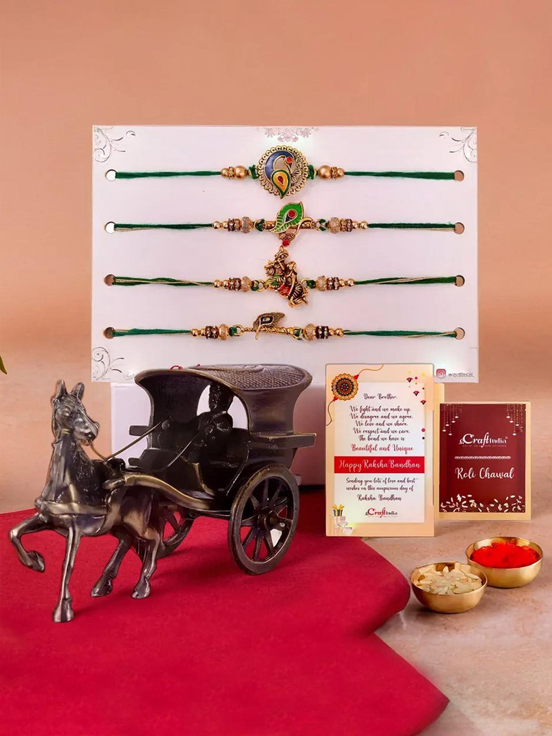 

eCraftIndia Set of 5 Beaded Rakhis With Horse Carriage Showpiece, Gold