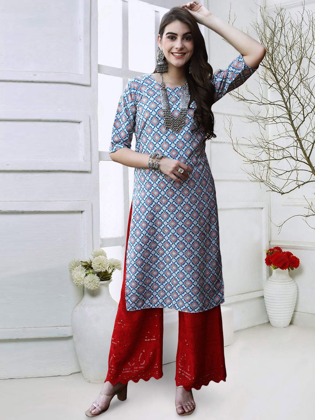 

7Threads Geometric Printed Round Neck Straight Kurta, Blue