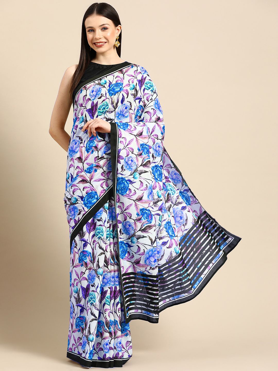 

BUTA BUTI Floral Printed Pure Cotton Saree, Blue