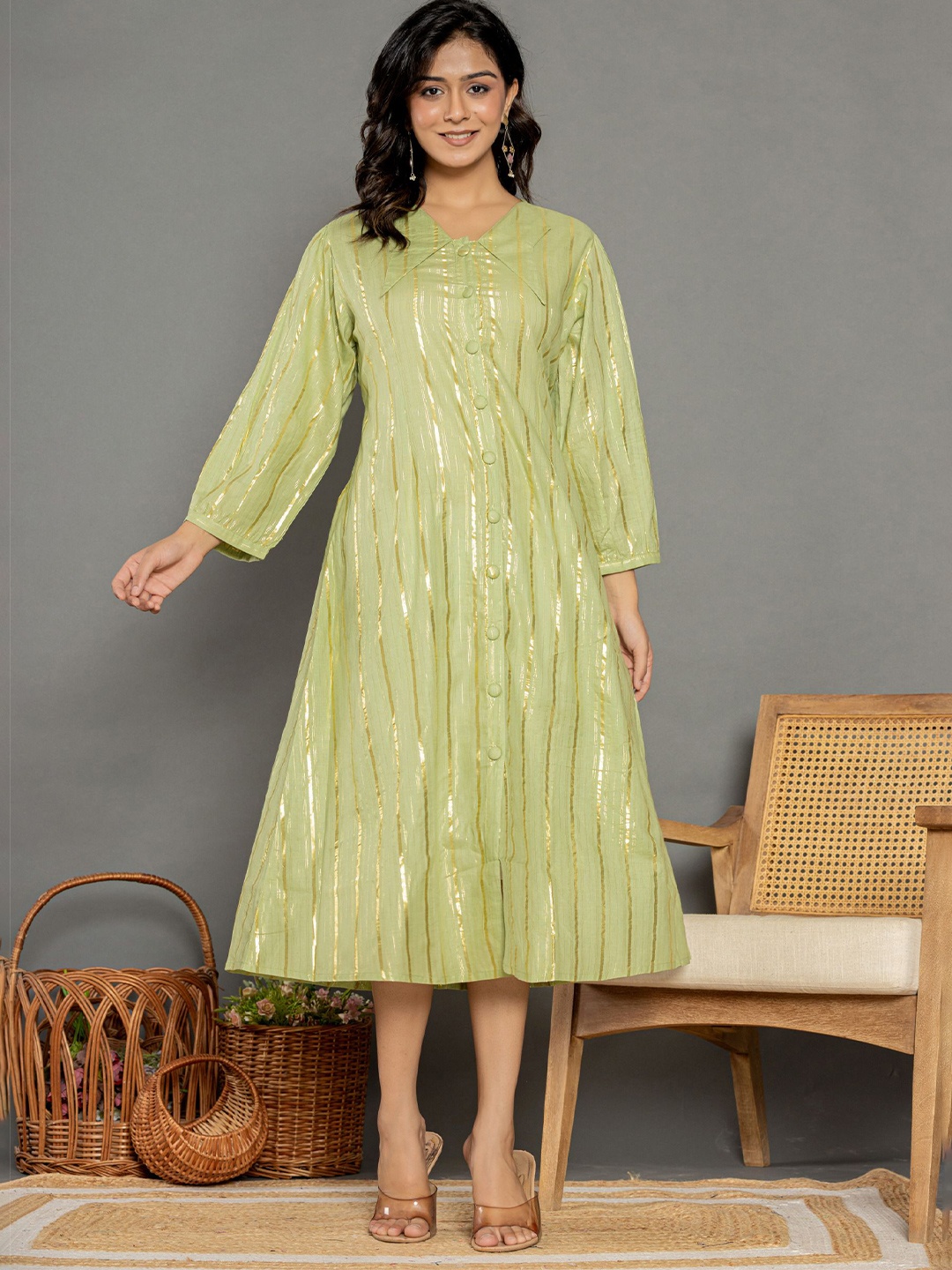 

Rouhab Printed Puff Sleeve A-Line Midi Dress, Green