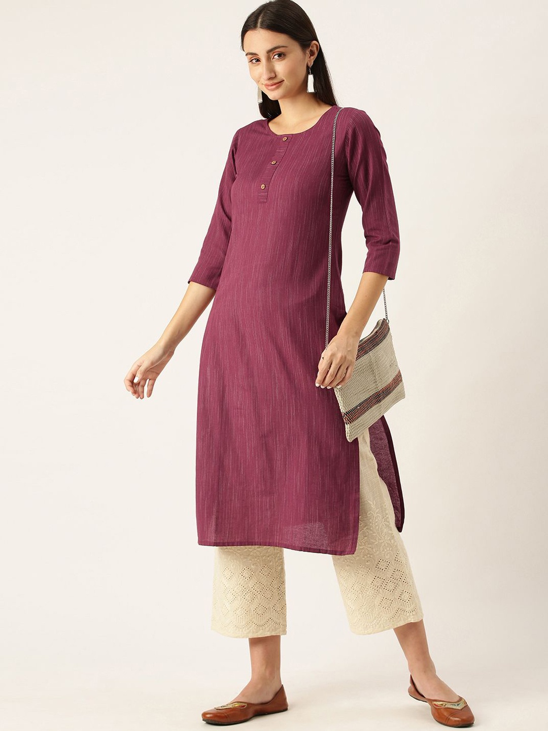 

KALINI Round Neck Three Quarter Sleeves Straight Kurta, Purple