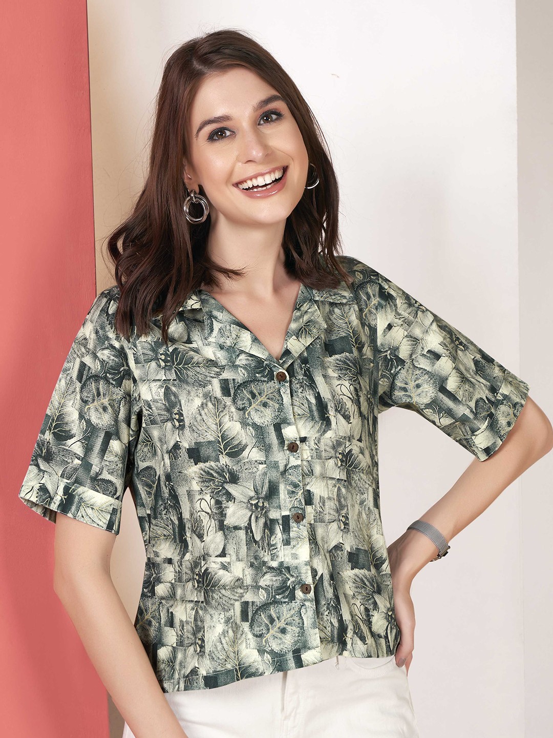 

Anouk Rustic Women Abstract Printed Cuban Collar Cotton Top, Grey