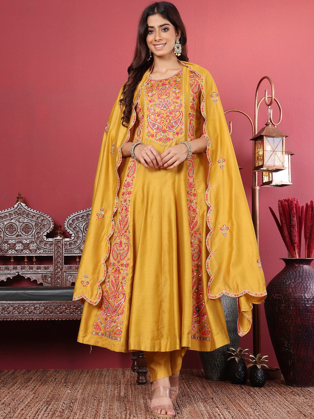 

Varanga Floral Embroidered Pure Cotton Anarkali Kurta With Trouser & Dupatta, Mustard