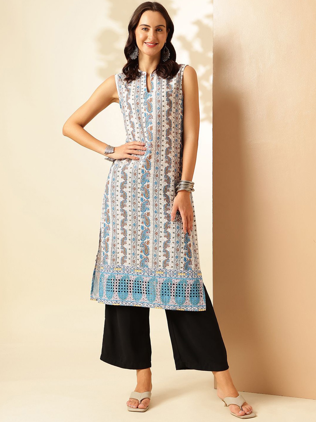 

Anouk Rustic Paisley Printed Mandarin Collar Pure Cotton Straight Kurta, White