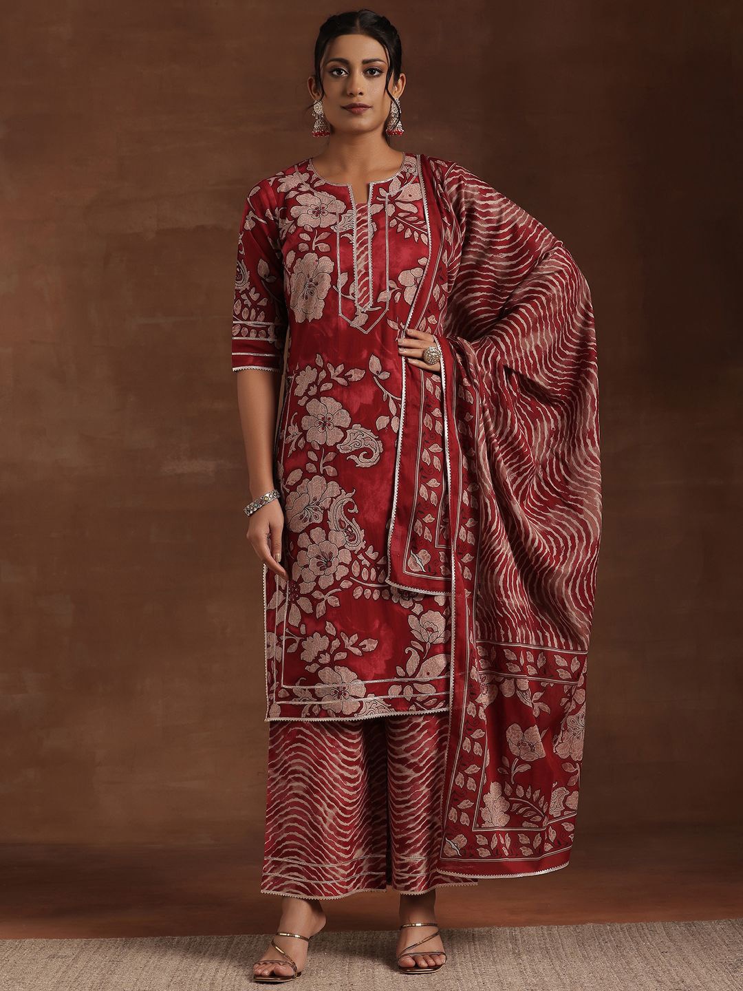 

Libas Floral Printed Gotta Patti Pure Cotton Straight Kurta With Palazzo & Dupatta, Rust