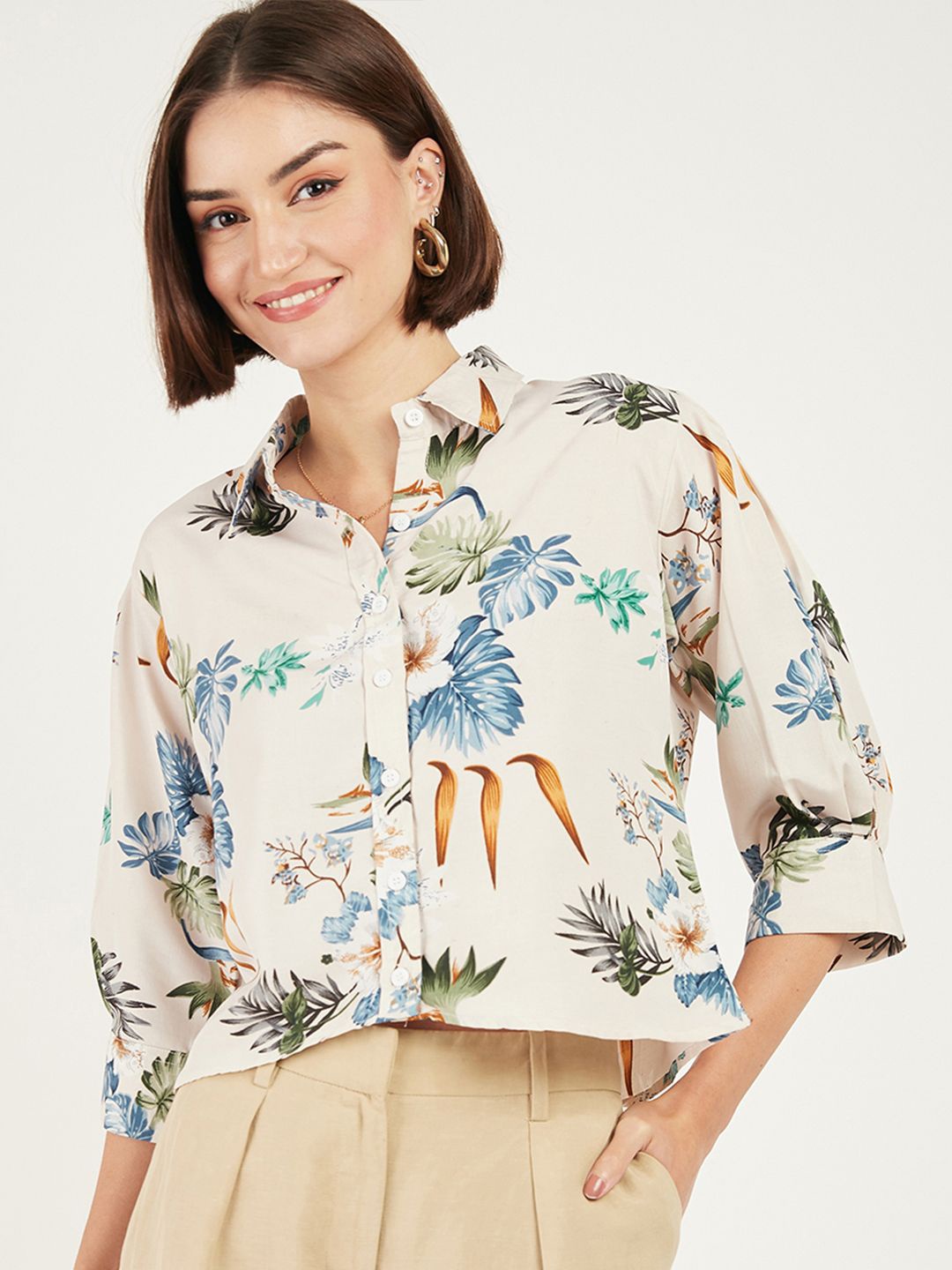 

DressBerry Women Spread Collar Floral Printed Boxy Casual Shirt, White