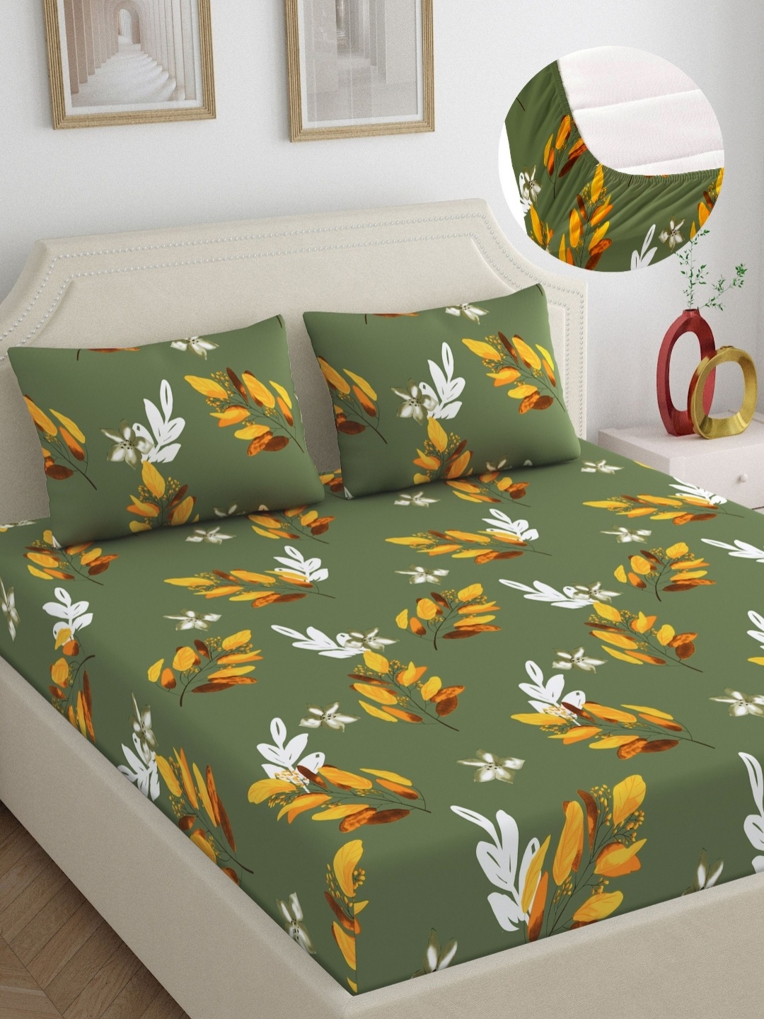 

Dreamscape Green & Yellow Floral 180 TC King Bedsheet with 2 Pillow Covers
