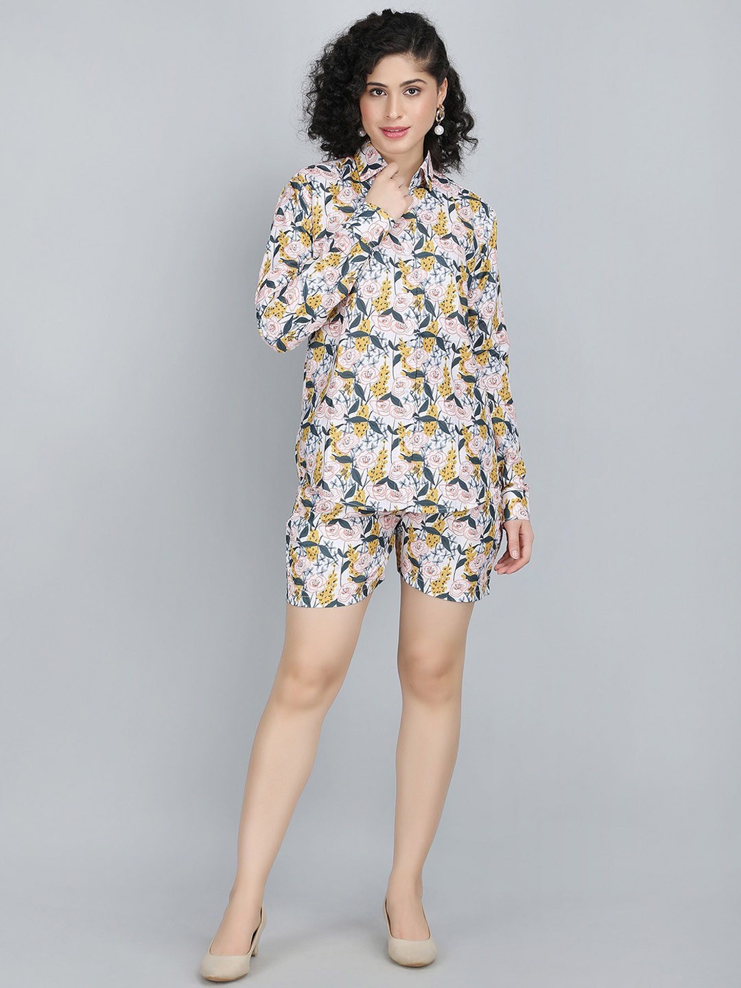 

VOGUE LIBERTY Floral Printed Linen Shirt With Shorts Co-Ords, Off white