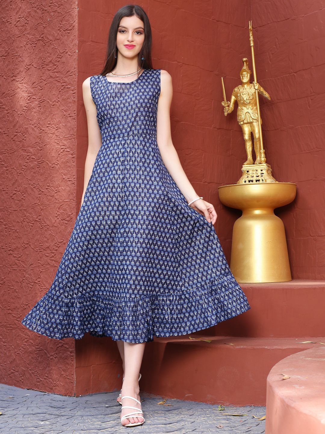 

Sera Ethnic Motifs Printed A-Line Midi Dress, Navy blue