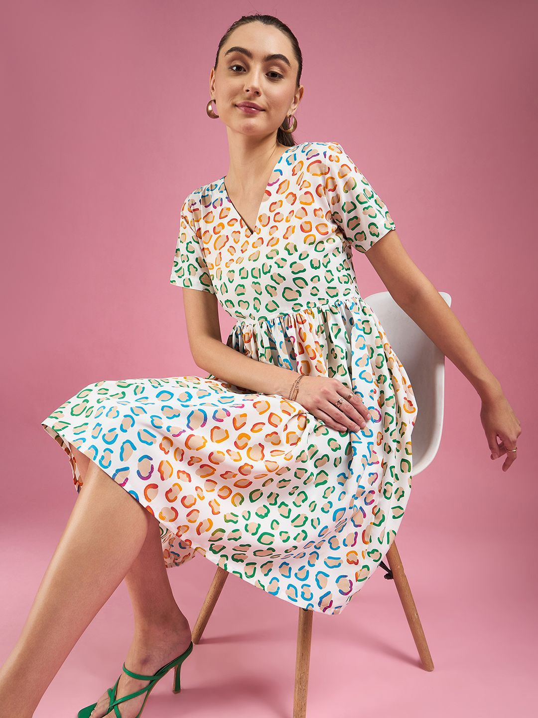 

DressBerry Animal Printed Crepe Fit & Flare Dress, White