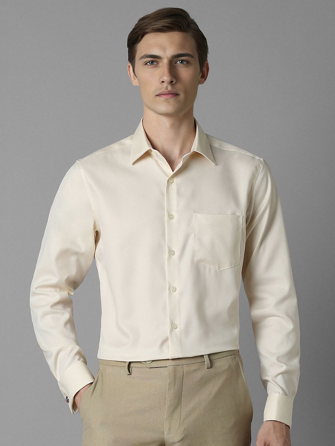 

Louis Philippe Men Spread Collar Solid Cotton Slim Fit Formal Shirt, Cream