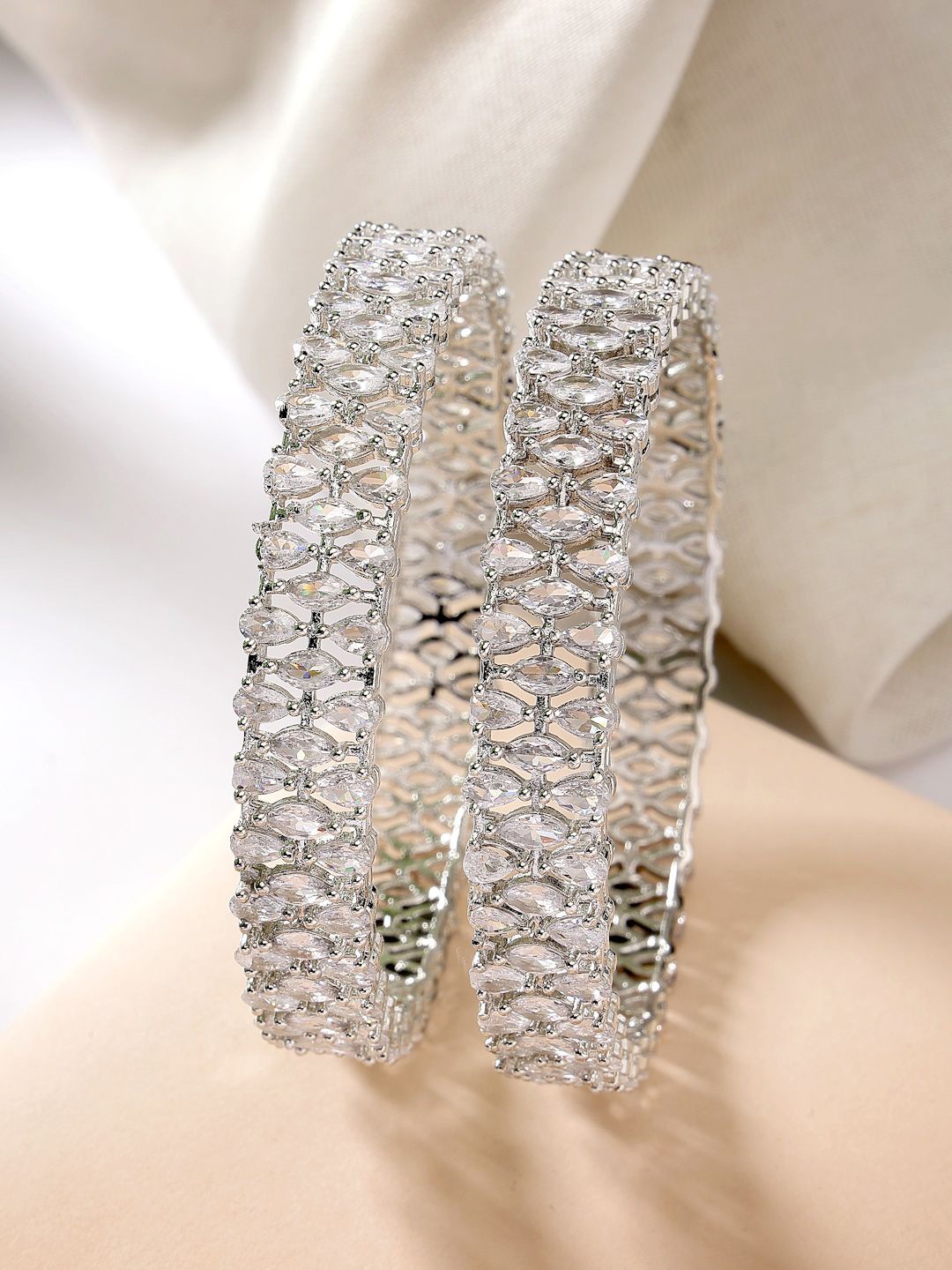 

ZENEME Set Of 2 Rhodium-Plated American Diamond Studded Bangles, Silver