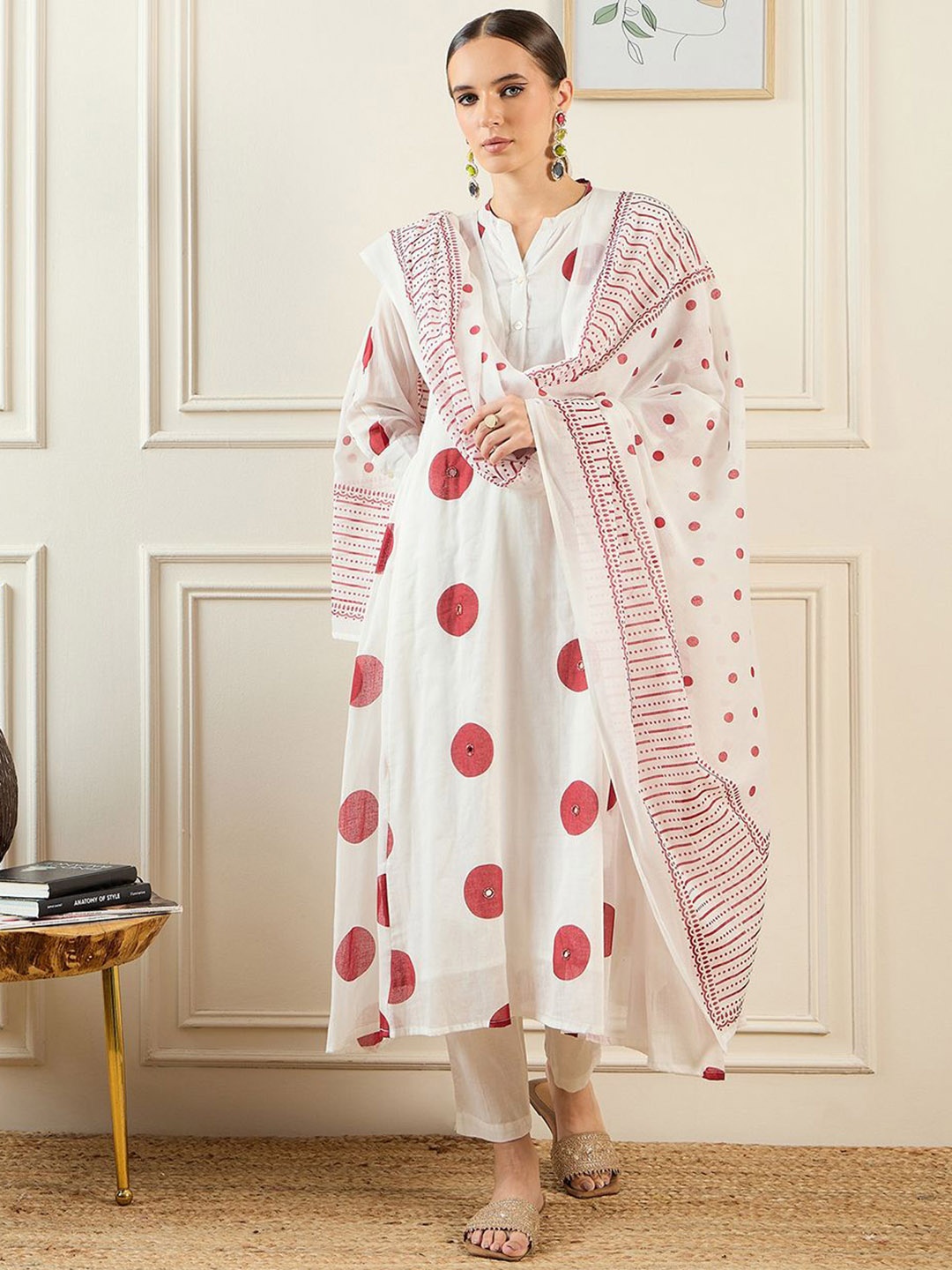 

Indo Era Geometric Printed Pure Cotton A-Line Kurta With Trousers & Dupatta, Off white