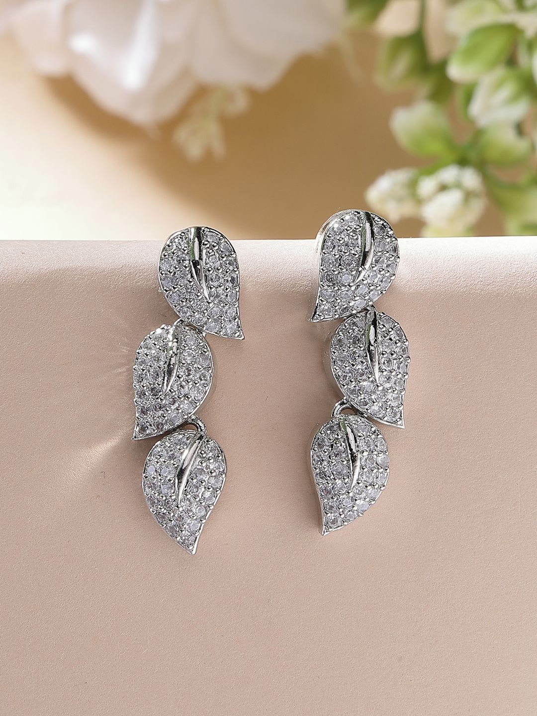 

ZENEME Rhodium-Plated Leaf Shaped Drop American Diamond Earrings, Silver