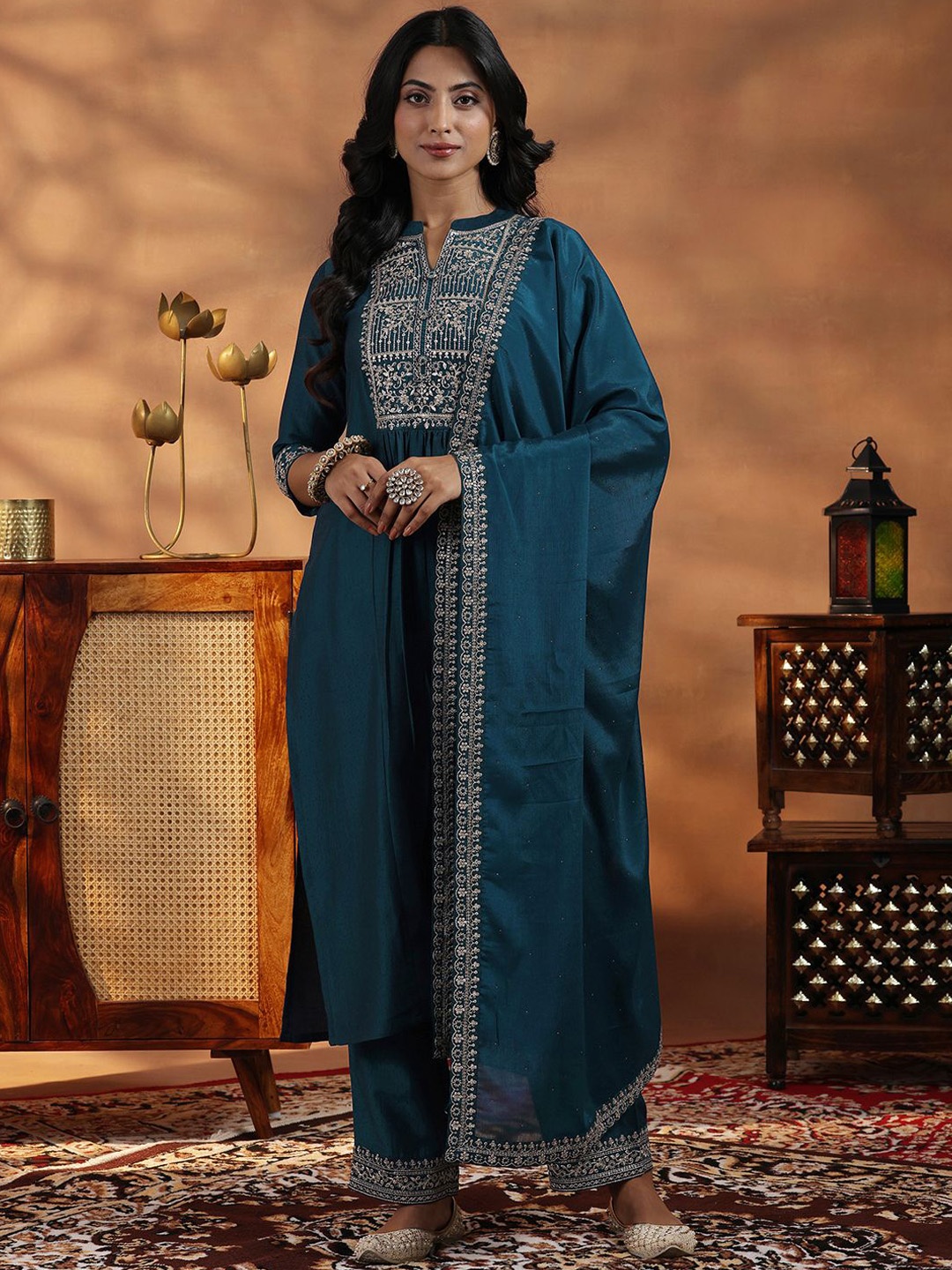 

Libas Floral Yoke Design Pleated Thread Work A-Line Kurta with Palazzos & With Dupatta, Teal