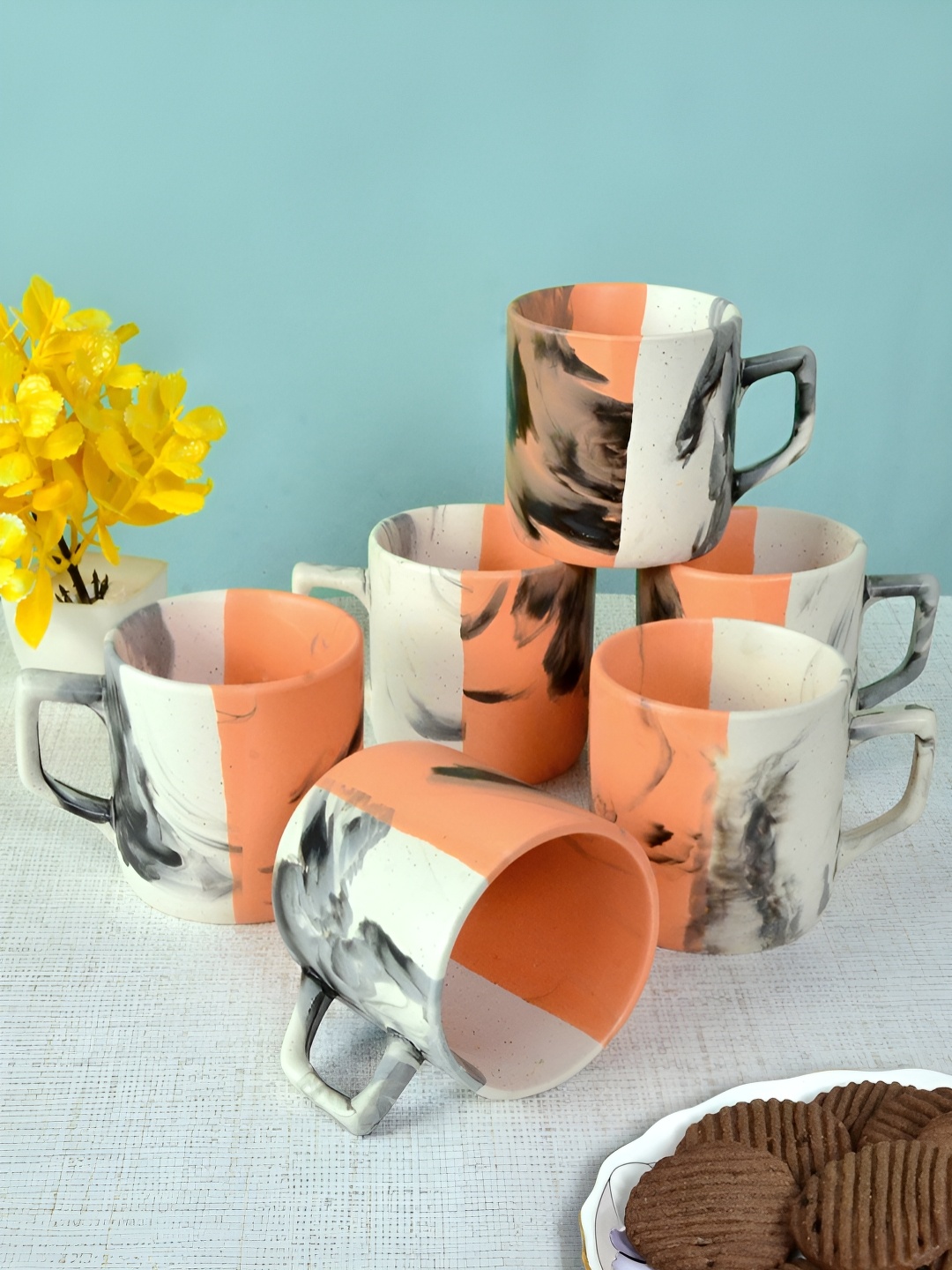 

FABINALIV Set of 6 Orange & Cream-Coloured Printed Ceramics Matte Cups