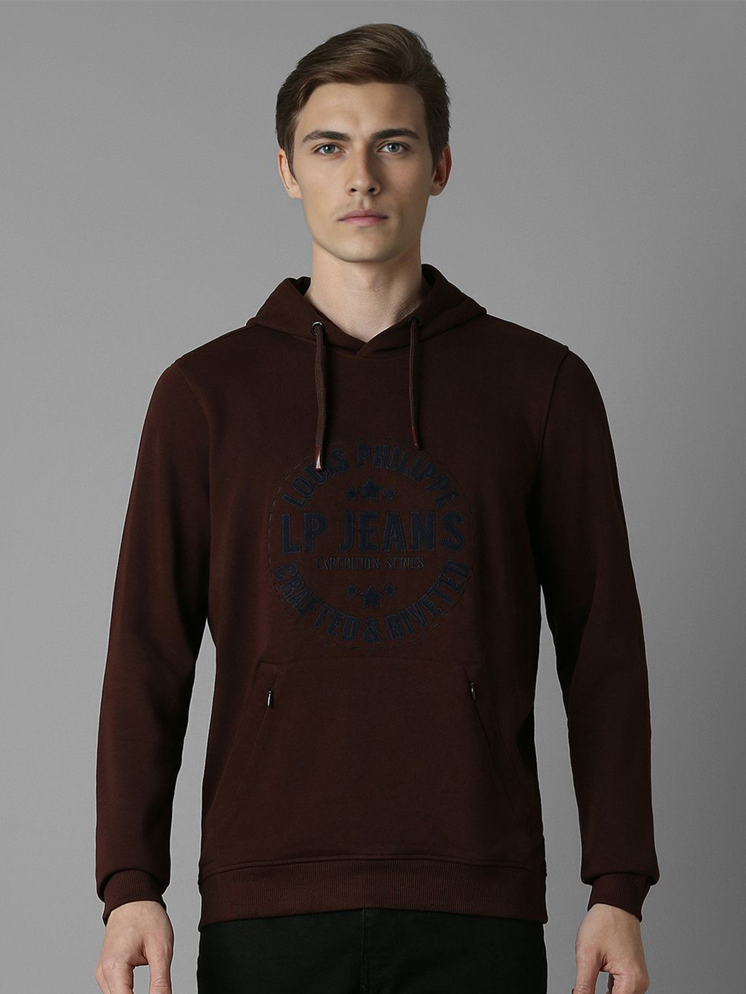 

Louis Philippe Jeans Men Typography Printed Hooded Sweatshirt, Brown