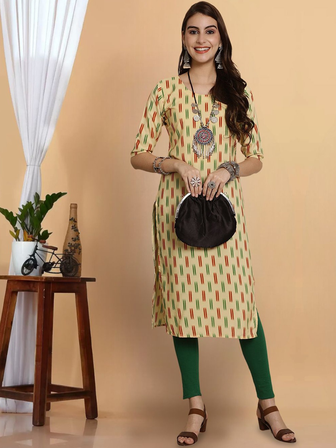 

7Threads Striped Round Neck Crepe Straight Kurta, Yellow