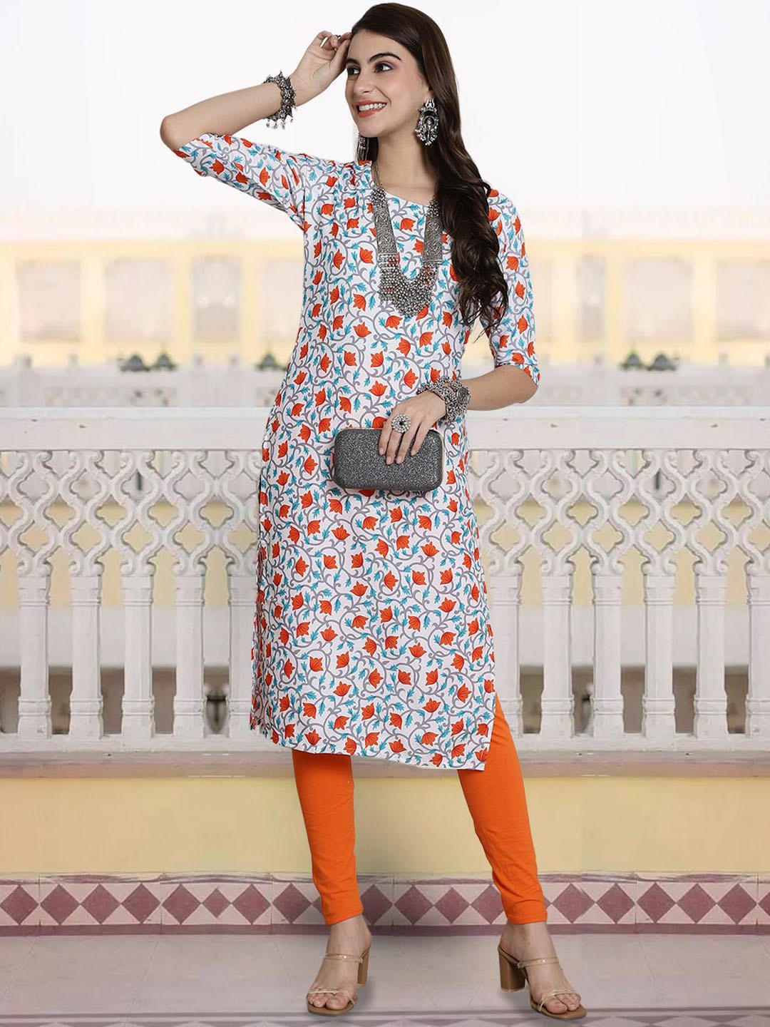 

7Threads Ethnic Motifs Printed Round Neck Straight Kurta, Off white