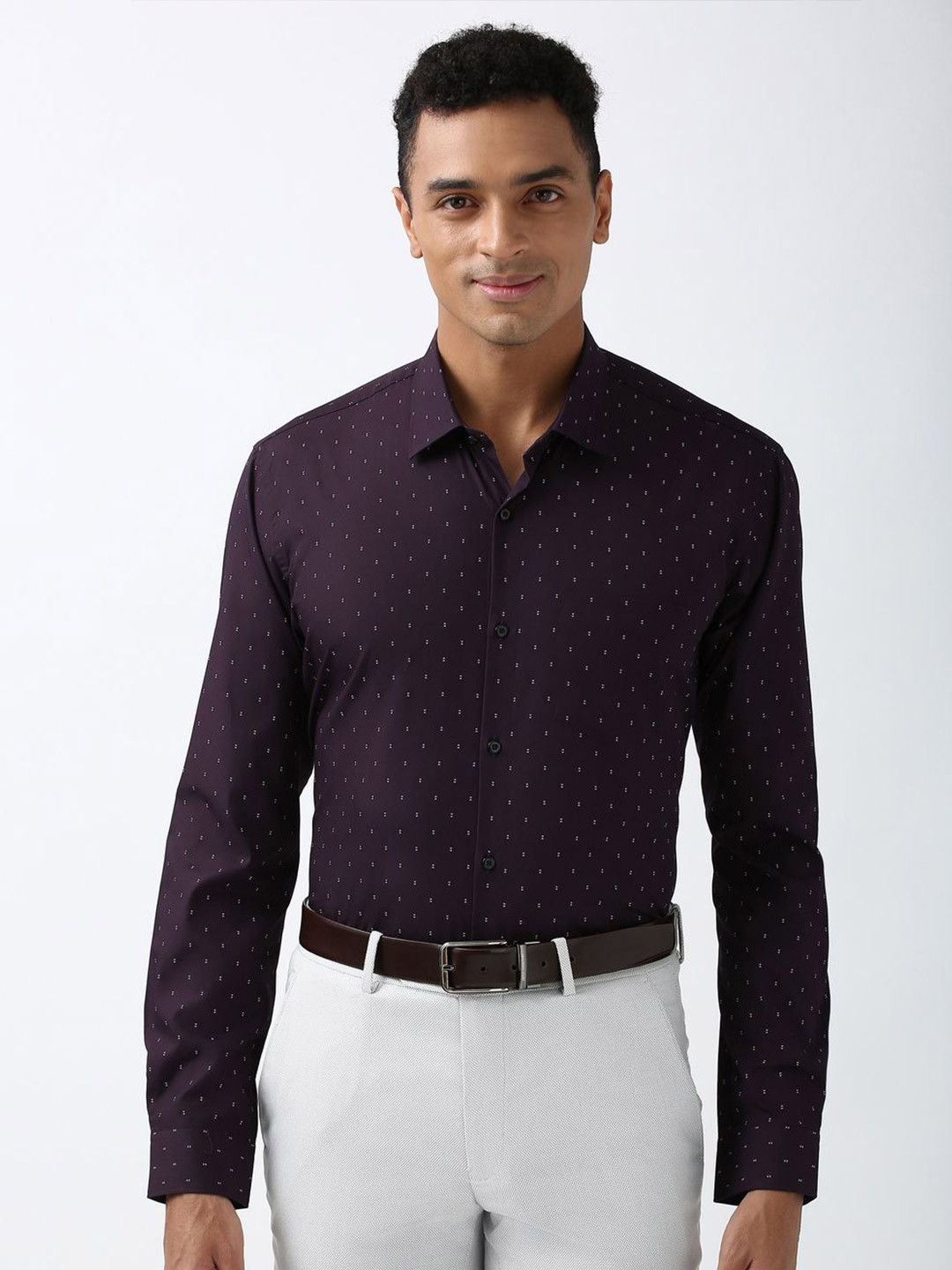 

Peter England Men Classic Spread Collar Micro Ditsy Printed Cotton Formal Shirt, Purple
