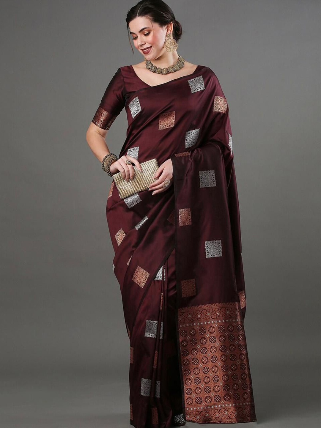 

Marziyaa Ethnic Motifs Zari Silk Cotton Banarasi Saree, Brown