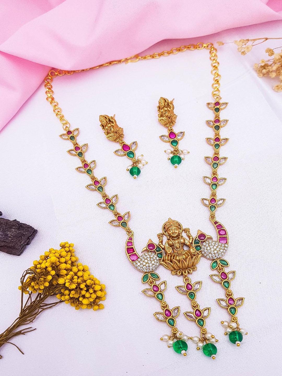 

GRIIHAM Gold-Plated Cubic Zirconia Studded Laxmi Design Necklace and Earrings