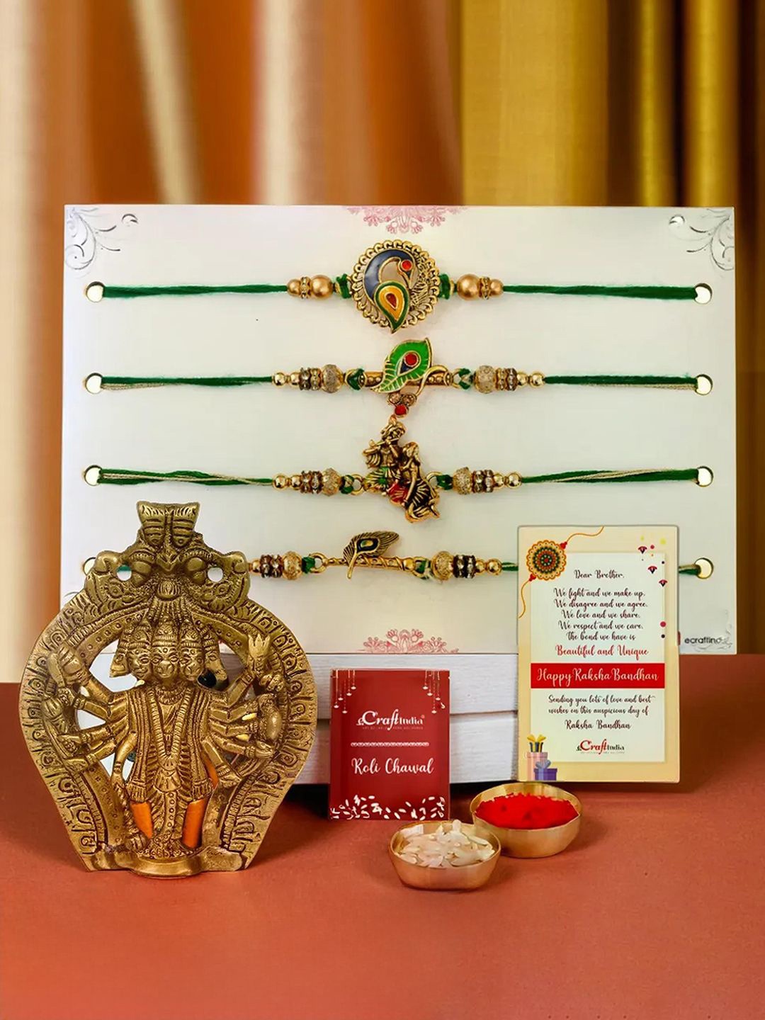 

eCraftIndia Set Of 5 Rakhi Lord Panchmukhi Handuman Idol Greeting Card & Roli Chawal, Green