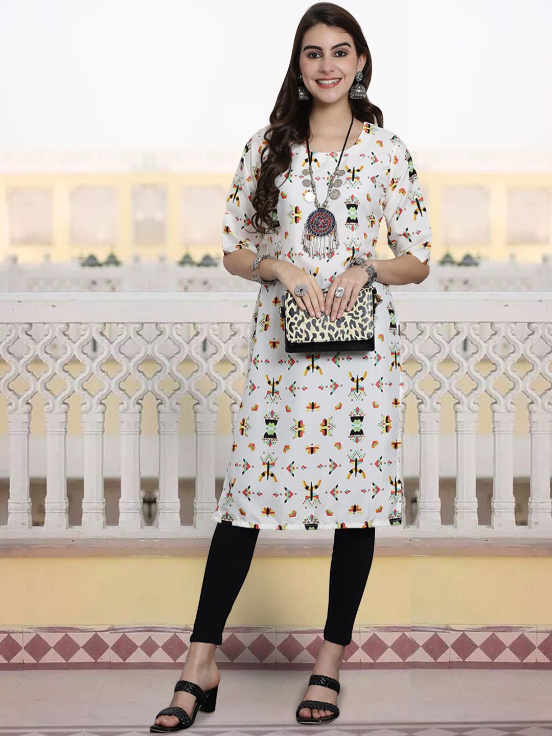 

7Threads Geometric Printed Round Neck Straight Kurta, White