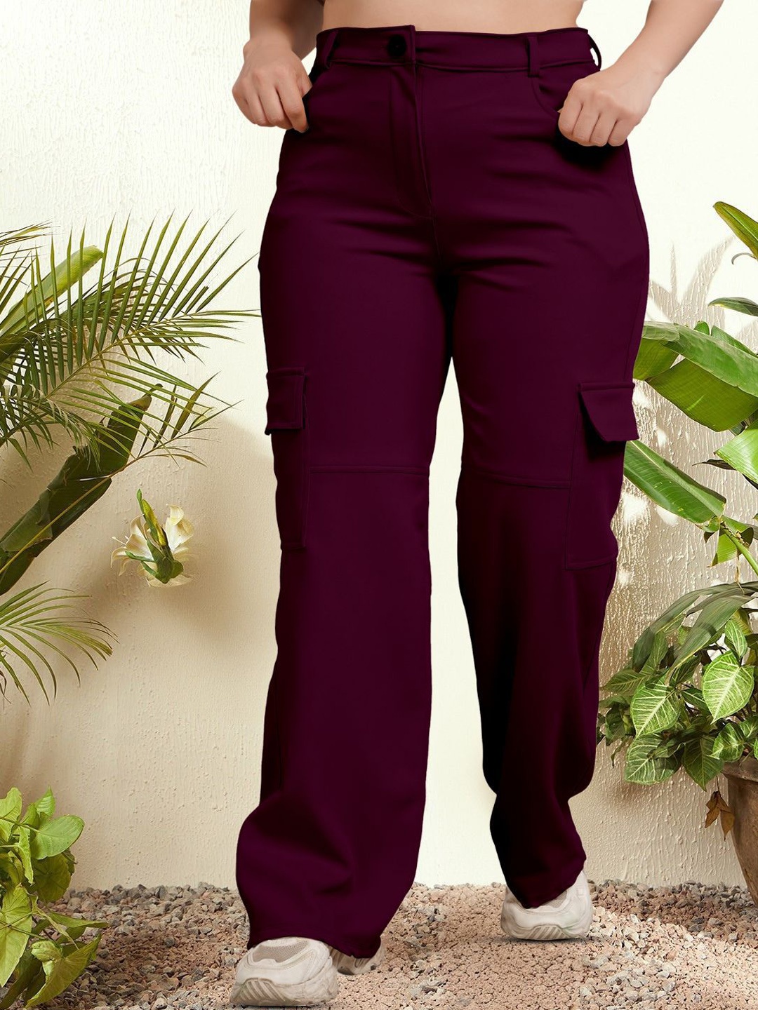

BAESD Women Regular Fit High-Rise Cargos Trousers, Burgundy