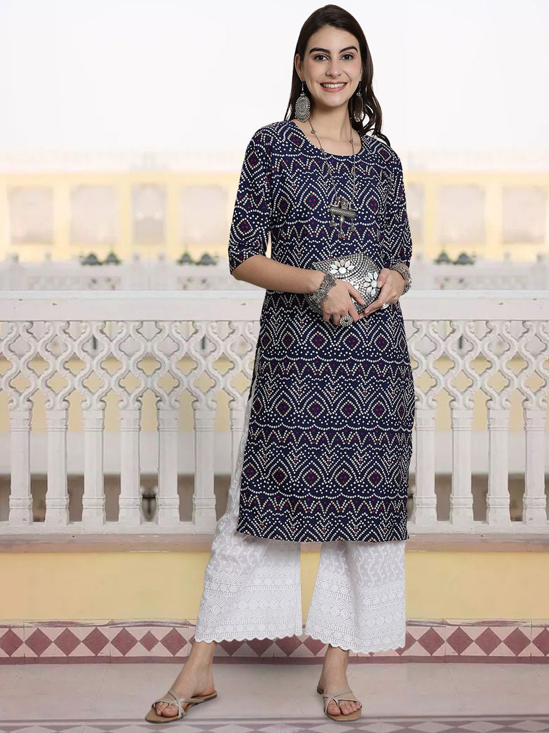 

7Threads Bandhani Printed Round Neck Straight Kurta, Navy blue