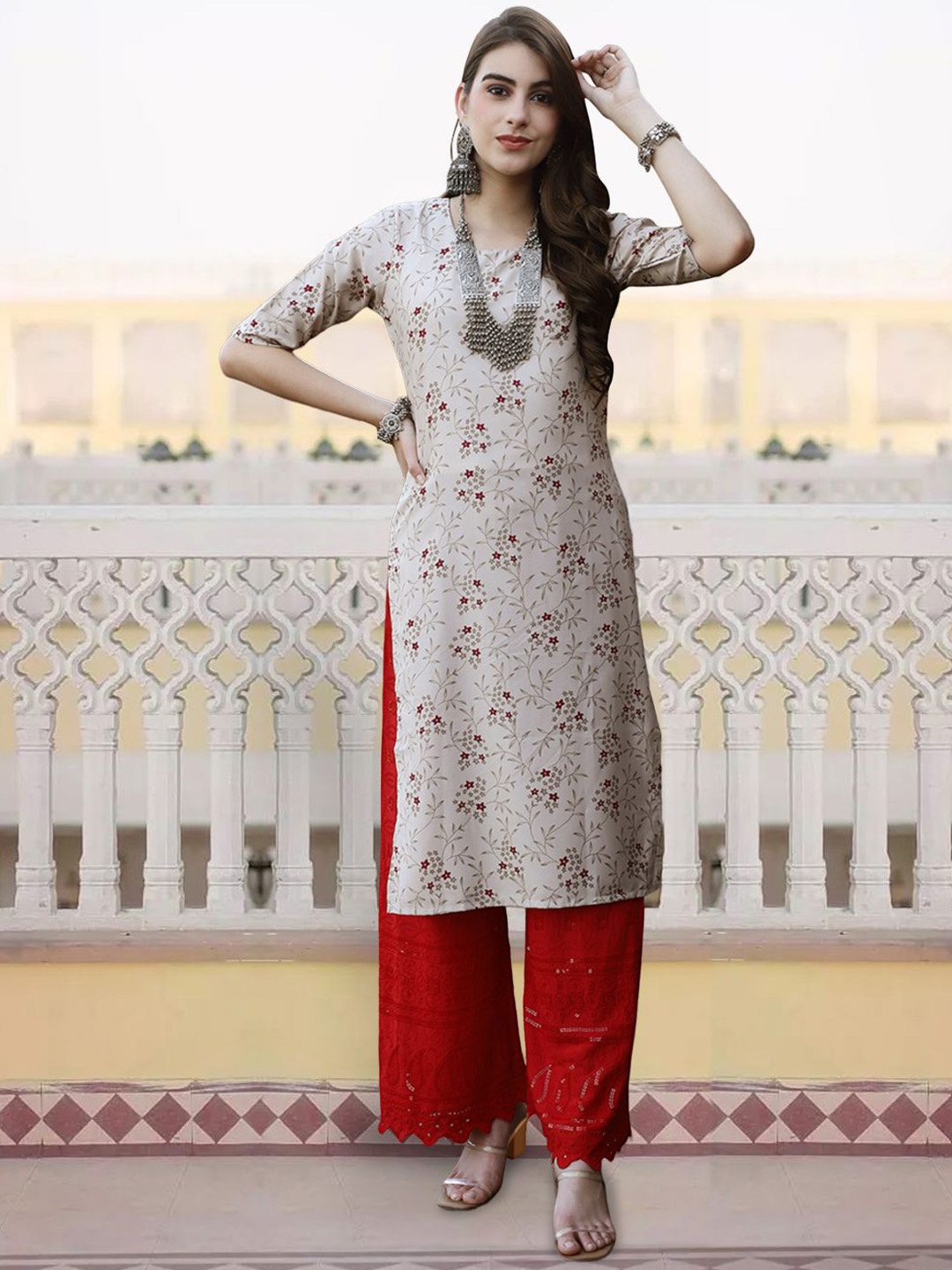 

7Threads Floral Printed Round Neck Crepe Straight Kurta, Taupe