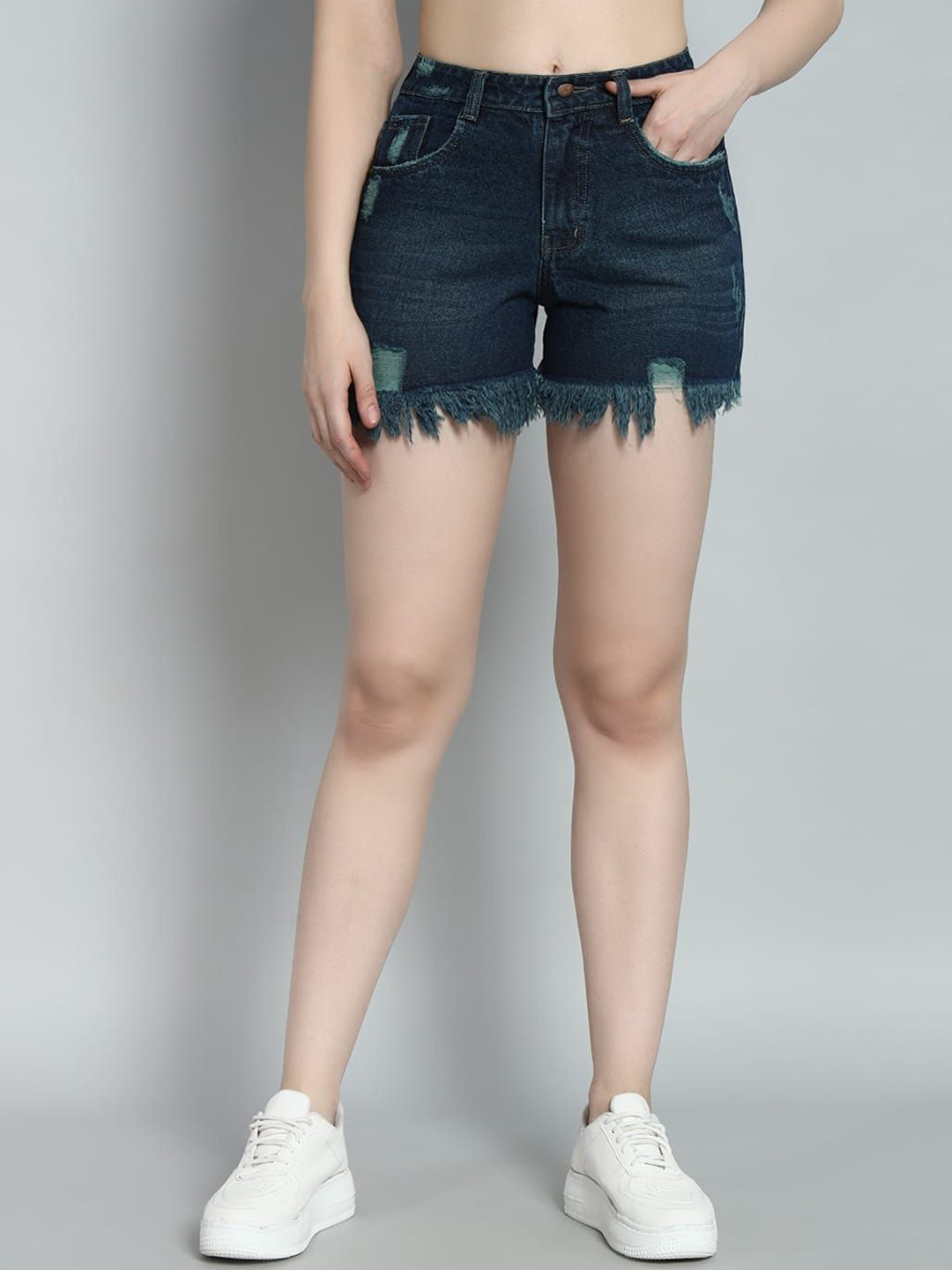 

FASHIONFIBRE Women Non-Stretchable High Waist Green Washed and Distressed Denim Shorts, Blue