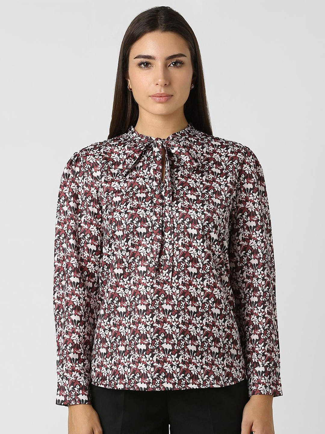

Van Heusen Women Floral Printed Tie-Up Neck Top, Brown