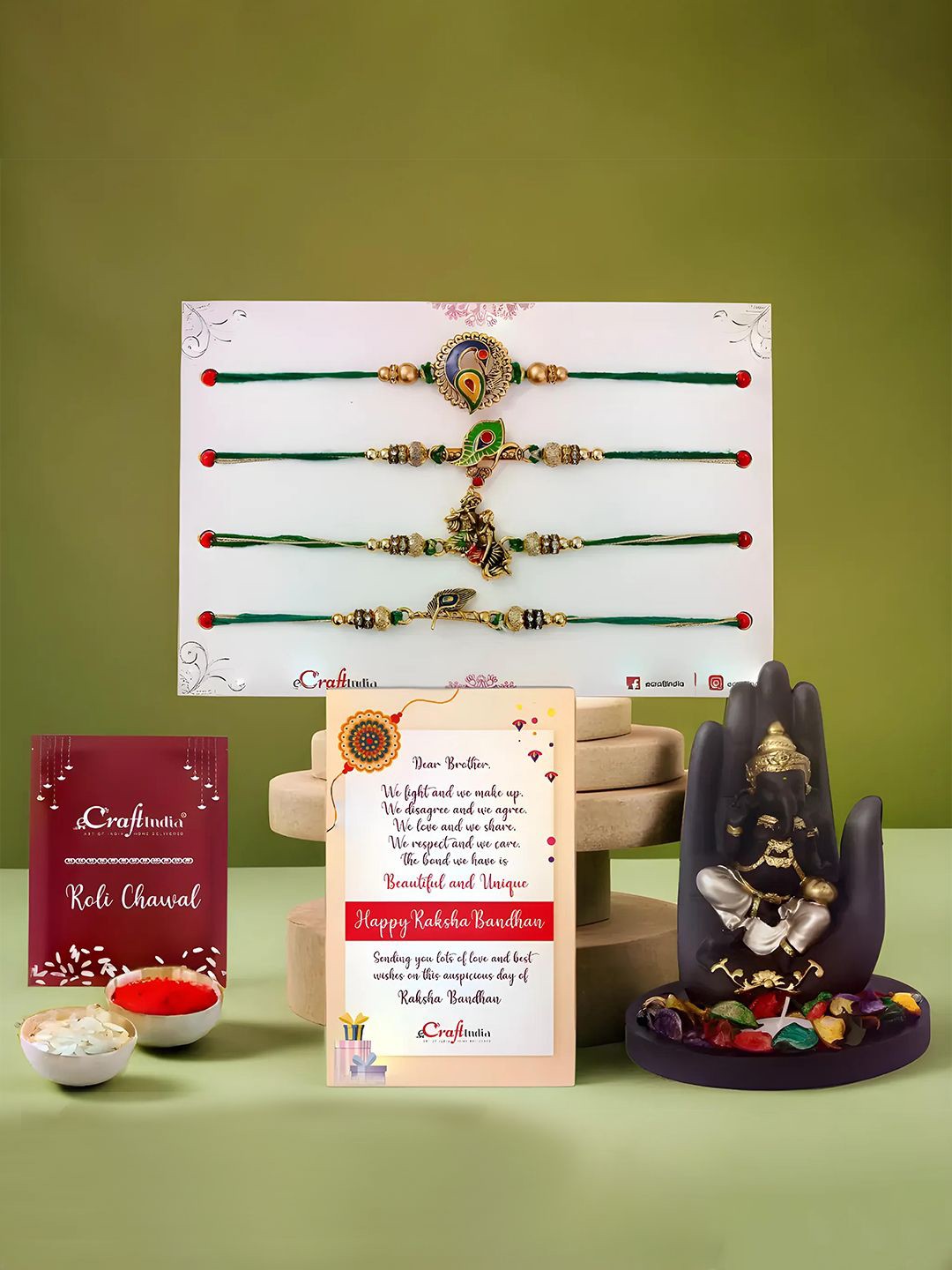 

eCraftIndia Set of 4 Rakhi Tealight Holder Greeting Card & Roli Chawal, Gold