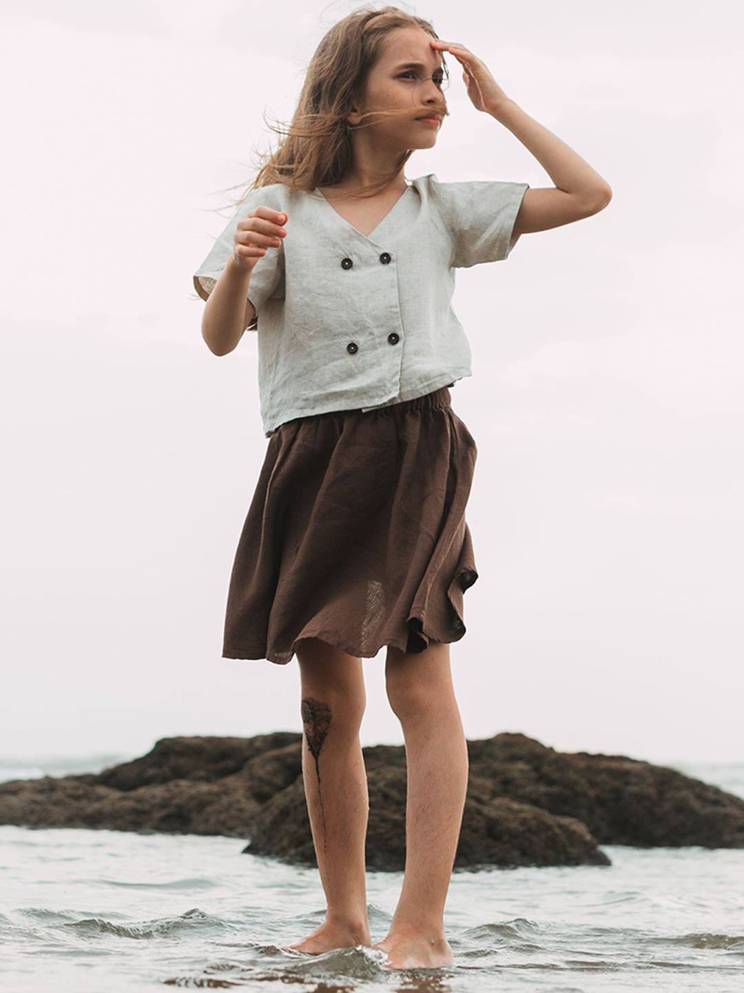 

CHI LINEN CLOTHING Girls Linen Flared Mini Skirts, Grey