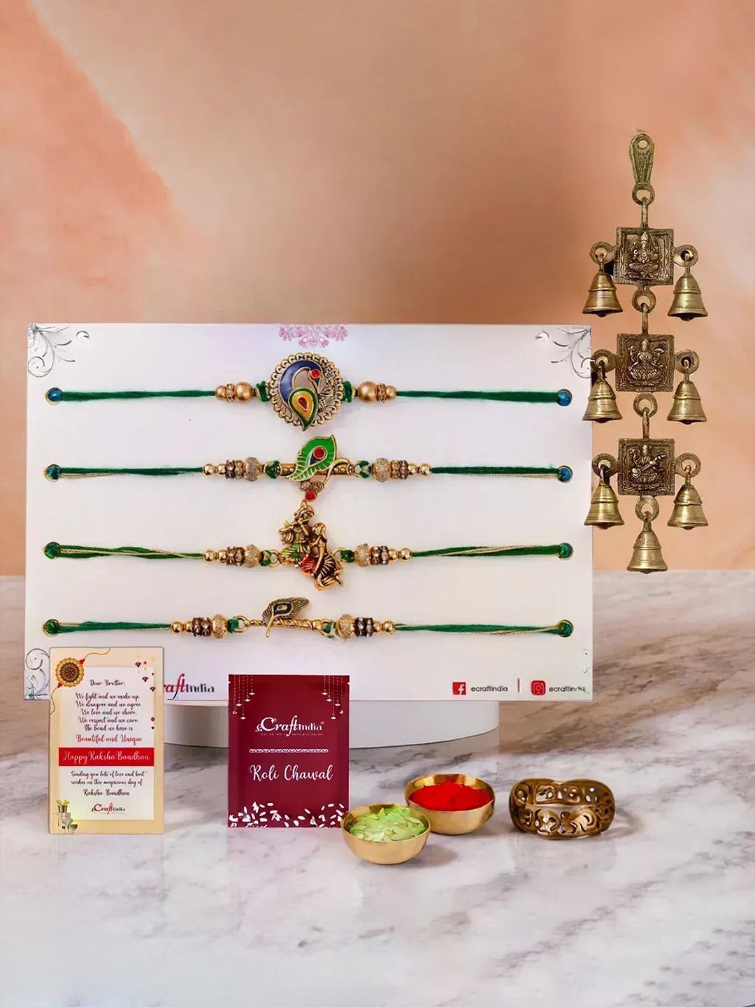 

eCraftIndia Set Of 4 Rakhis With Wall Hanging Greeting Card & Roli Chawal, Gold