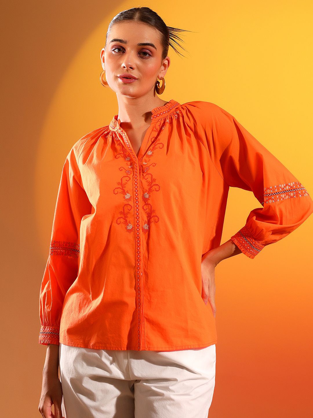 

Saint G Women Solid Mandarin Collar Cotton Top, Orange