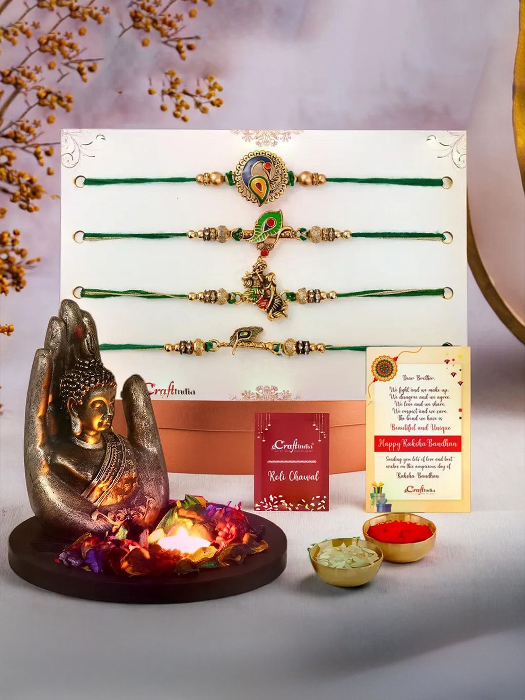 

eCraftIndia Set Of 4 Rakhi Palm Buddha Tealight Candle Holder & Roli Chawal, Gold