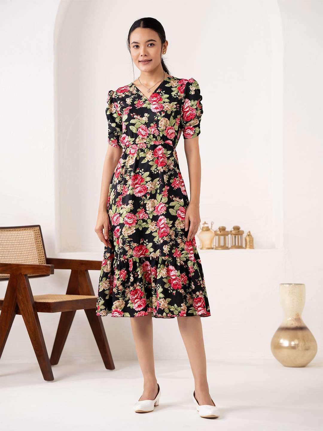 

DressBerry Floral Print Puff Sleeve Crepe Fit & Flare Dress, Black