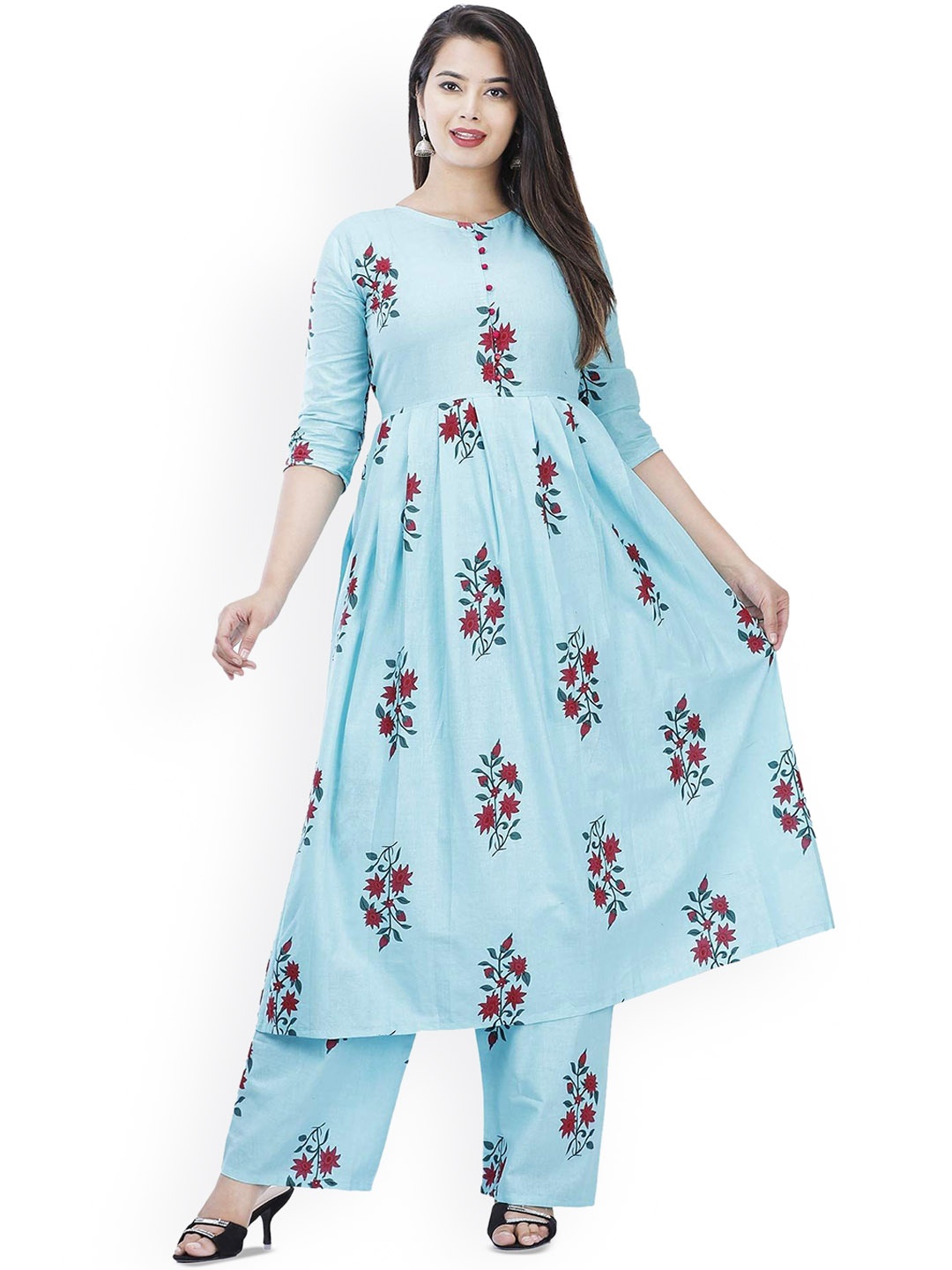 

G4Girl Floral Printed Pure Cotton Anarkali Kurta With Palazzos, Turquoise blue