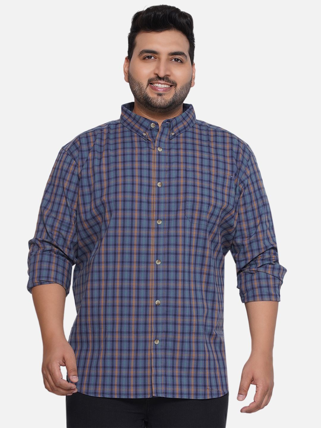 

Santonio Men Plus Size Classic Button-Down Collar Tartan Checked Cotton Casual Shirt, Navy blue