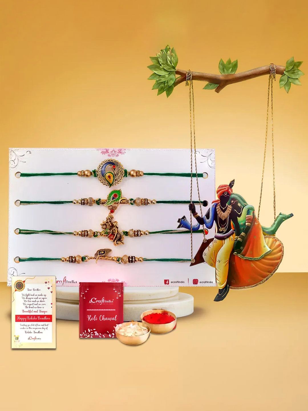 

eCraftIndia Set of 5 Designer Rakhis & Radha Krishna on Swing Wall Hanging, Gold