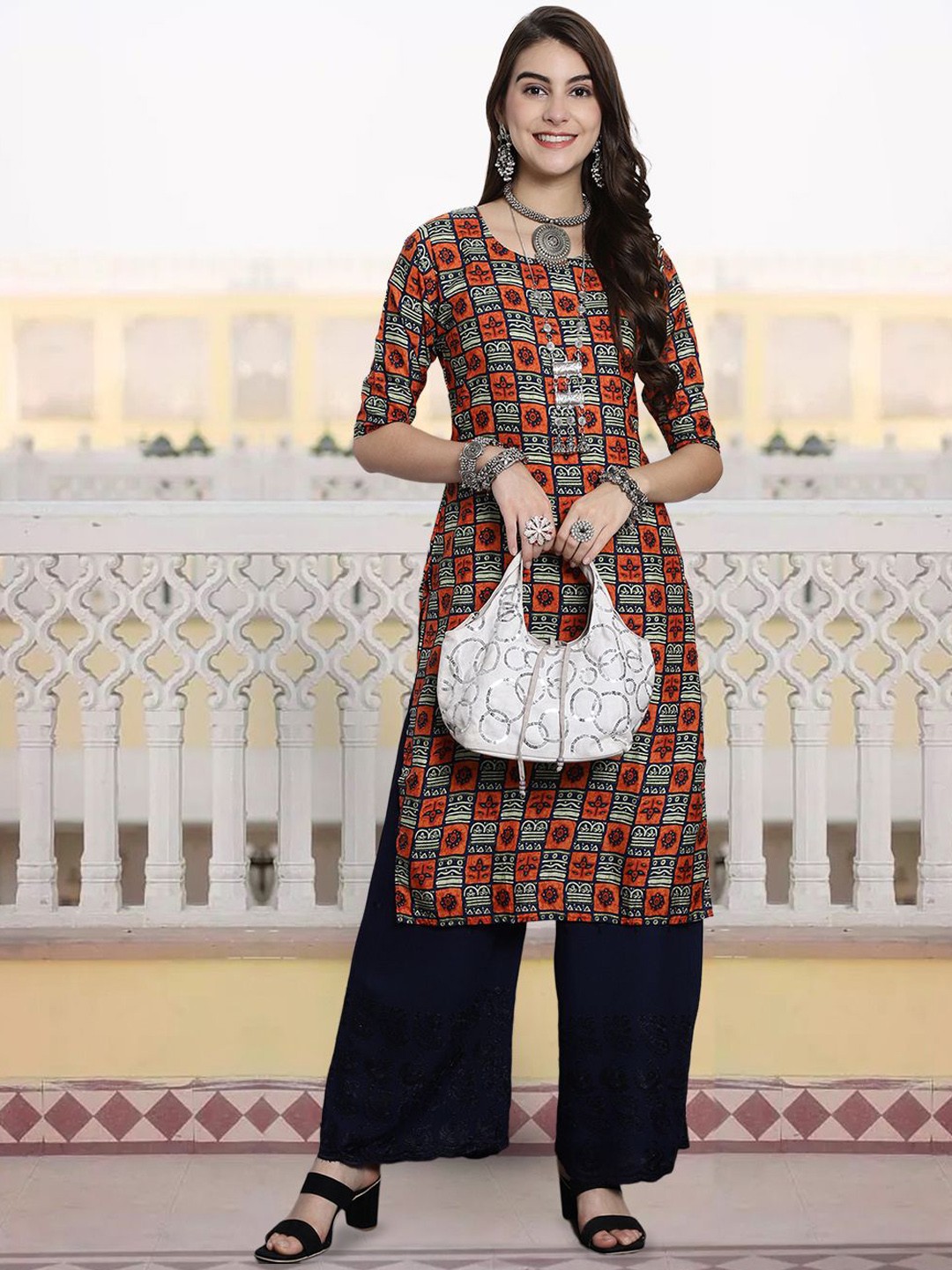 

KALINI Ethnic Motifs Printed Round Neck Straight Kurta, Black