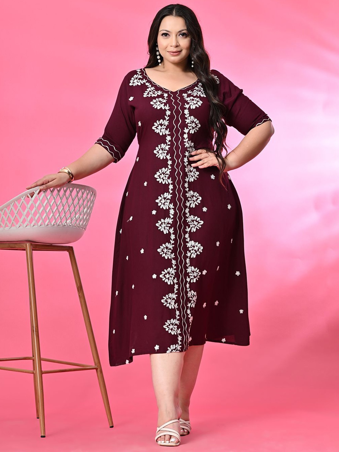 

PrettyPlus by Desinoor.com Plus Size Embroidered A-Line Midi Dress, Burgundy