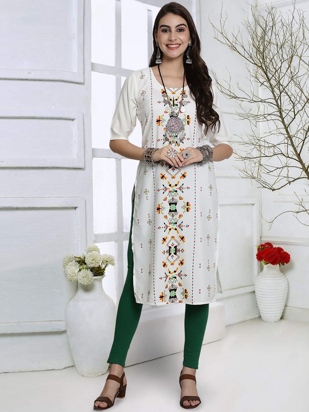 

7Threads Geometric Printed Straight Kurta, White