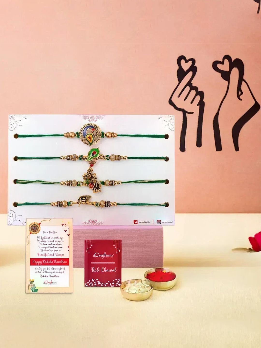

eCraftIndia Set Of 4 Rakhi With Wall Decor Greeting Card & Roli Chawal, Green