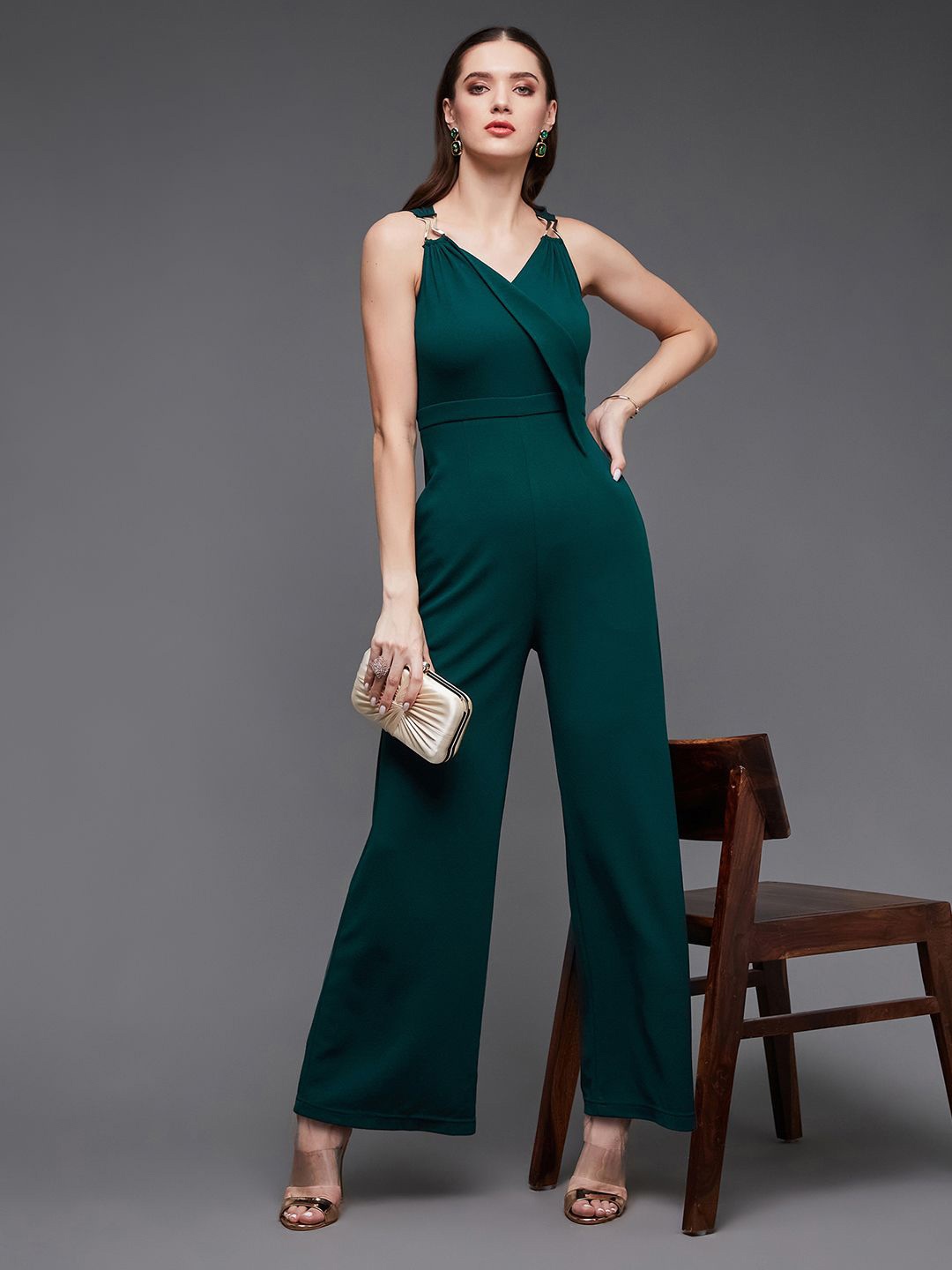 

Miss Chase Women V-Neck Sleeveless Solid Wrap Regular Length Jumpsuit, Green