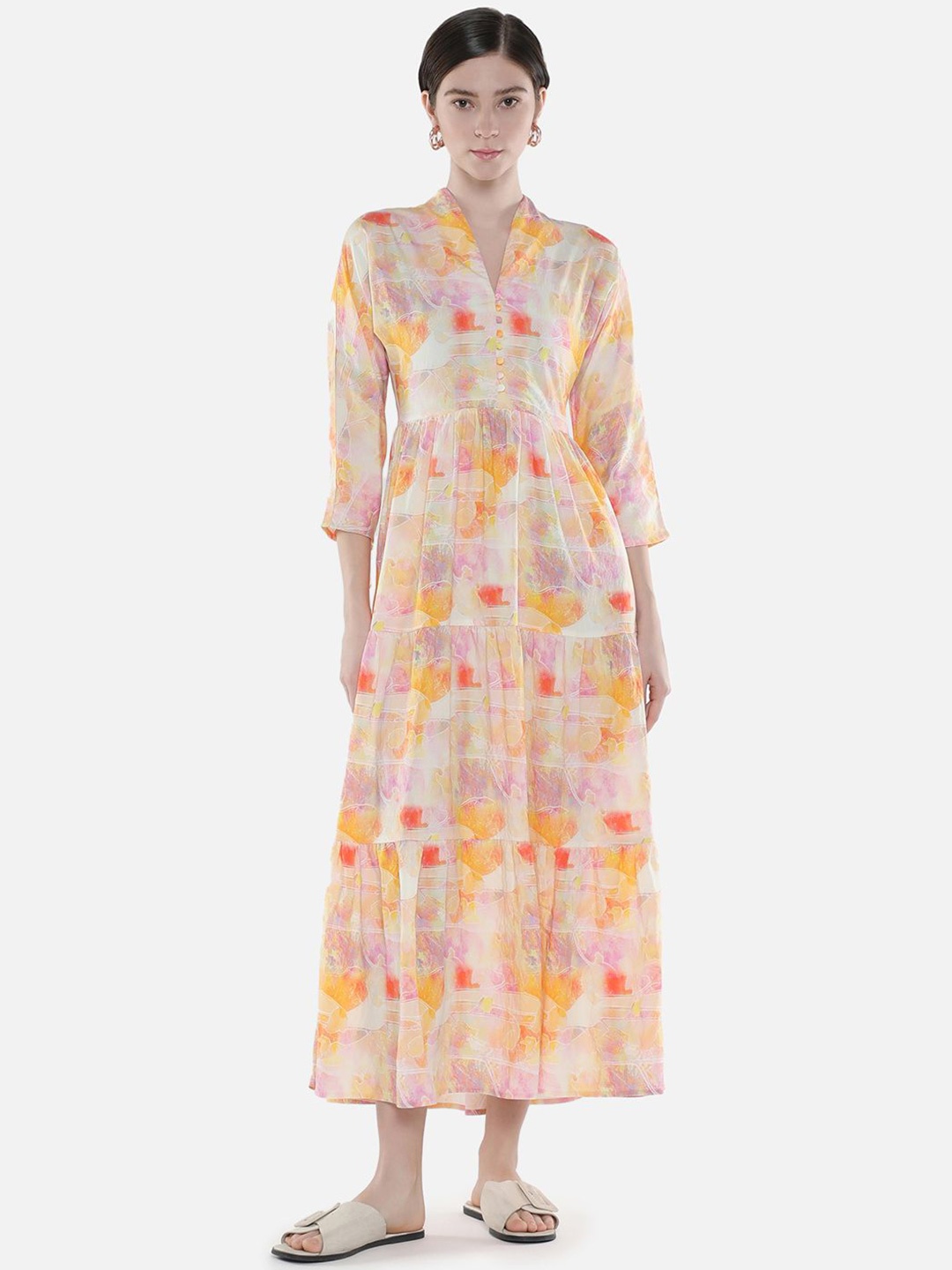 

RAREISM Printed Tiered Fit & Flare Midi Dress, Yellow