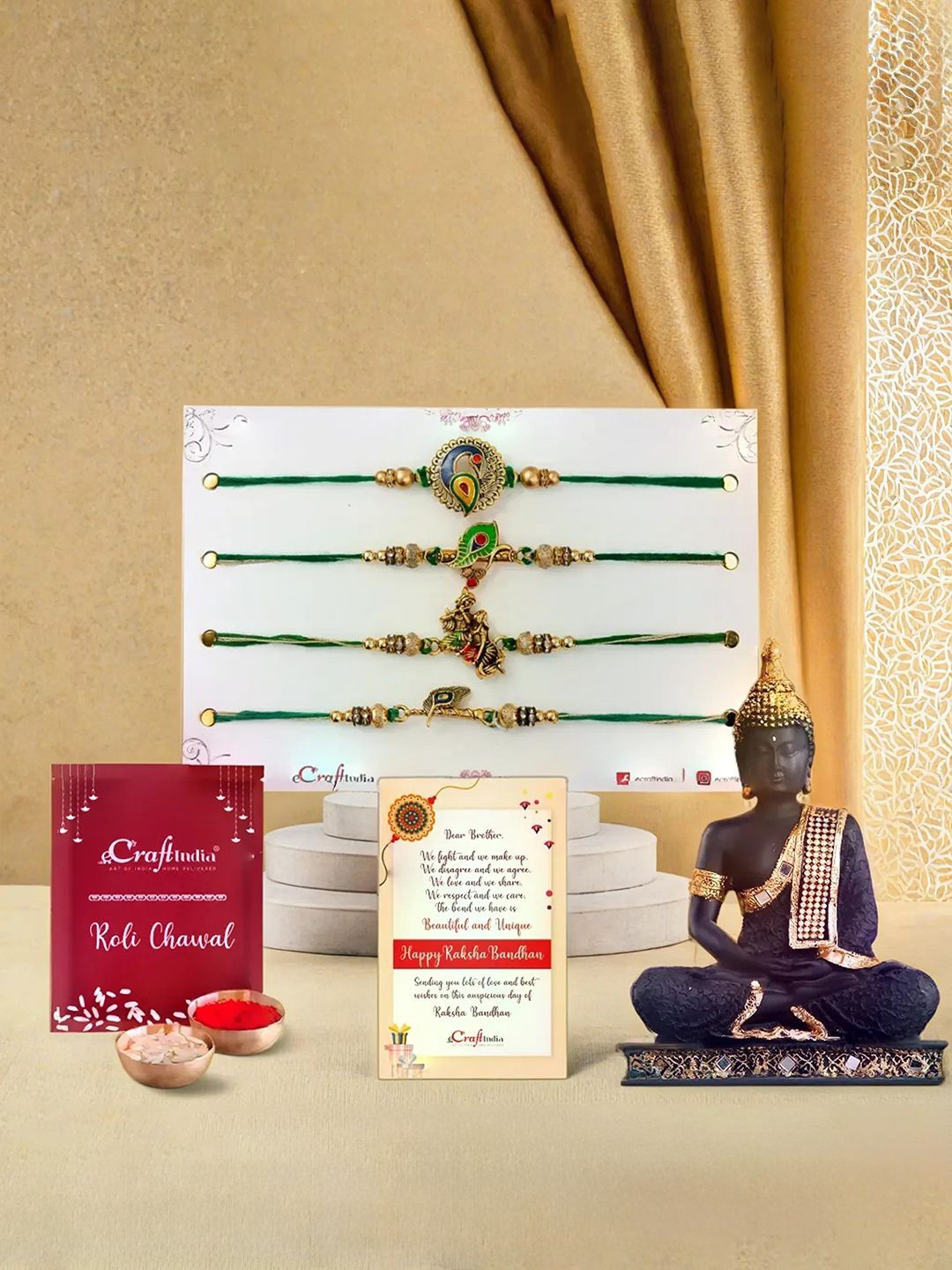 

eCraftIndia Set of 5 Beaded Rakhis With Meditating Lord Buddha Statue, Gold